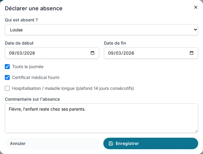 Modale « Déclarer une absence » PlanAssMat : qui est absent, dates, toute la journée, certificat médical et commentaire