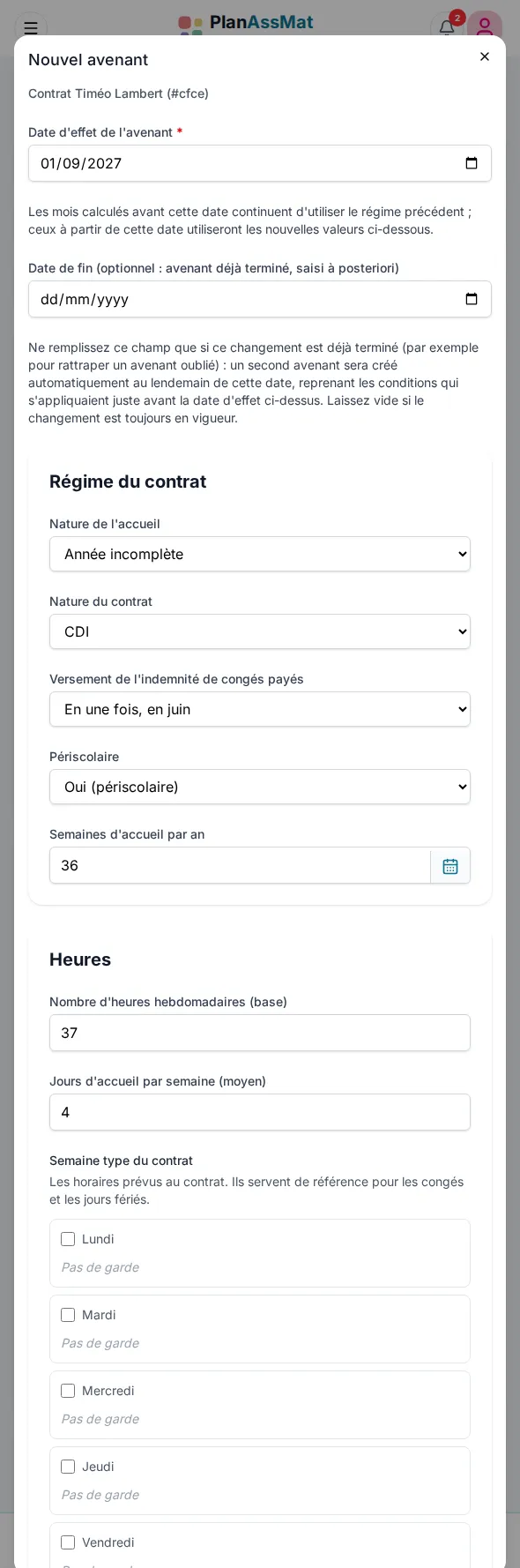 Modale « Nouvel avenant » PlanAssMat sur mobile : régime, heures et indemnités