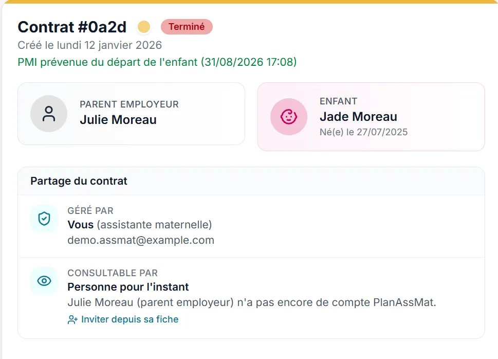 Fiche d'un contrat PlanAssMat : partage gratuit avec le parent employeur