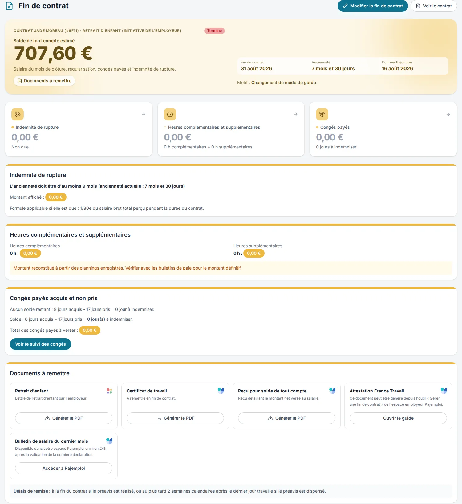 Fin de contrat PlanAssMat : indemnité de rupture, congés payés et solde de tout compte estimé