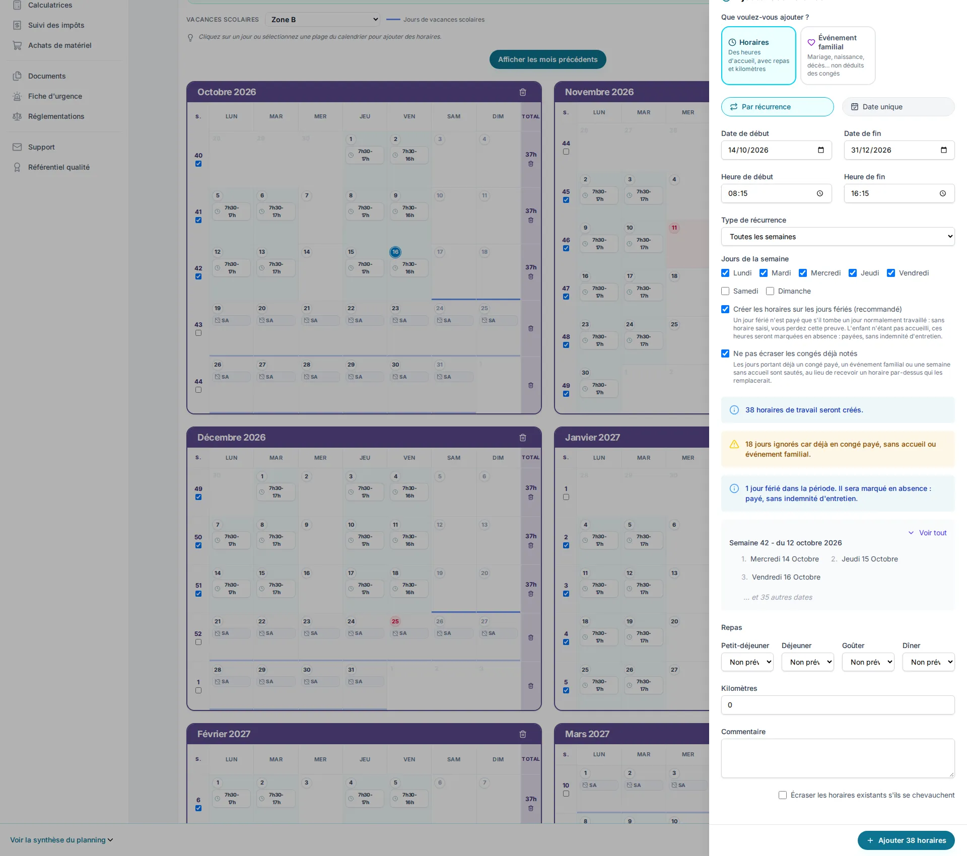 Planning annuel PlanAssMat avec le panneau « Par récurrence » rempli : période, horaires, jours de la semaine et dates créées prévisualisées