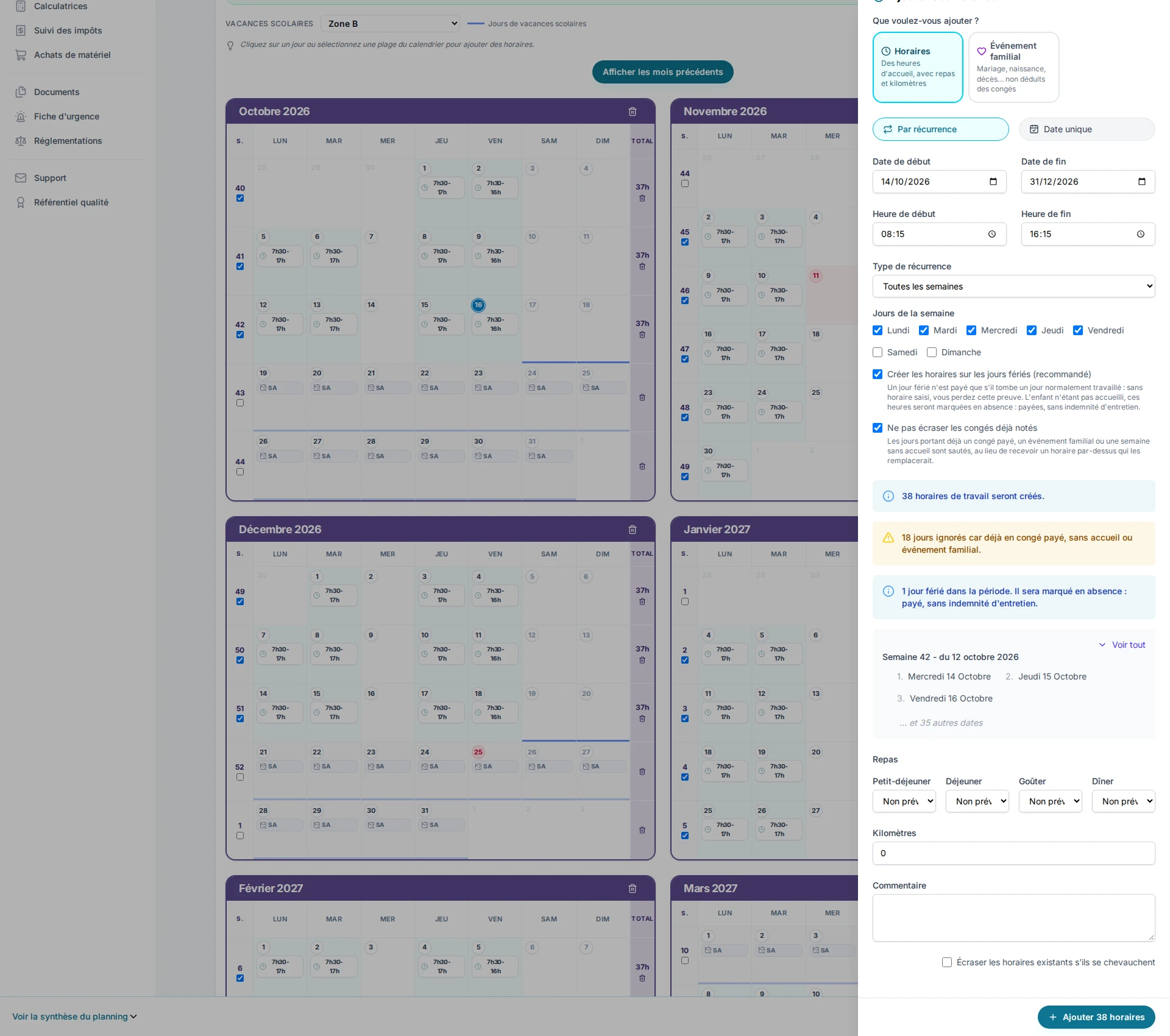 Planning annuel PlanAssMat avec le panneau « Par récurrence » rempli : période, horaires, jours de la semaine et dates créées prévisualisées