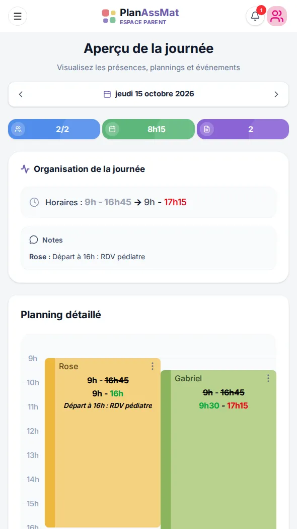 Note « Départ à 16h : RDV pédiatre » lue dans l'espace parent PlanAssMat sur téléphone
