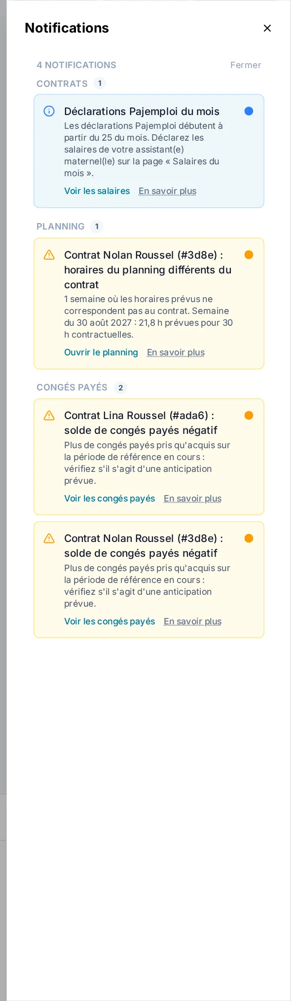 Alertes de l'espace parent PlanAssMat sur mobile : déclaration Pajemploi du mois