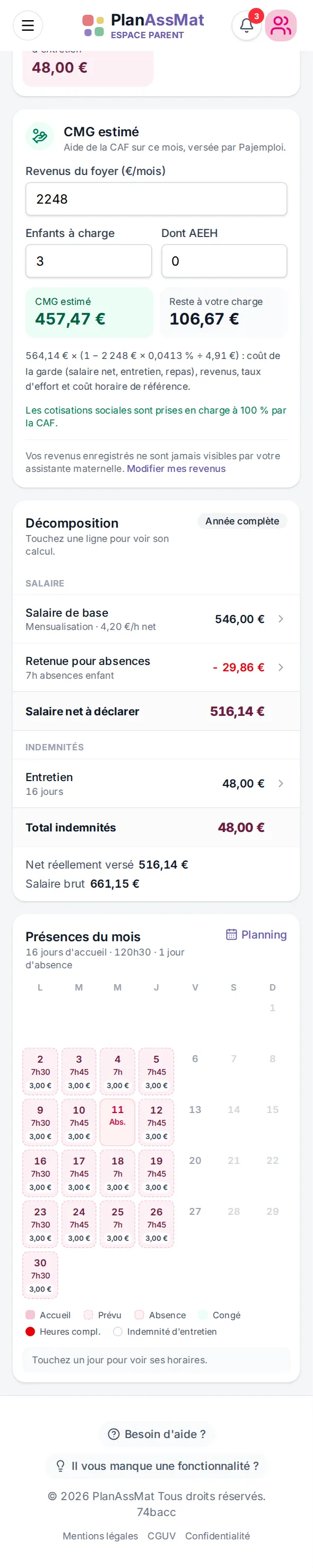Carte « CMG estimé » de la fiche de salaire, espace parent PlanAssMat sur mobile : aide CAF et reste à charge
