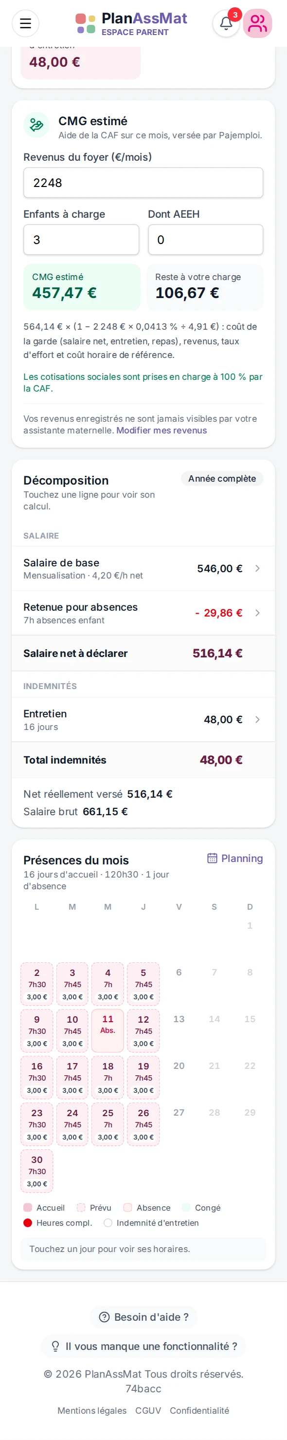 Carte « CMG estimé » de la fiche de salaire, espace parent PlanAssMat sur mobile : aide CAF et reste à charge