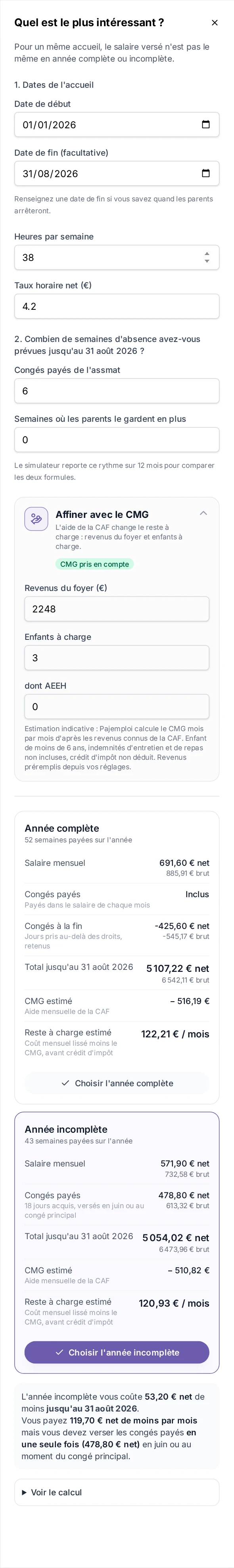 Panneau « Quel est le plus intéressant ? » de l'espace parent PlanAssMat sur téléphone : les deux types d'accueil comparés montant par montant