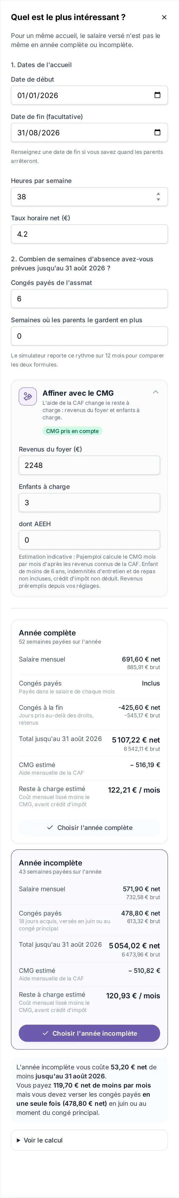 Panneau « Quel est le plus intéressant ? » de l'espace parent PlanAssMat sur téléphone : les deux types d'accueil comparés montant par montant