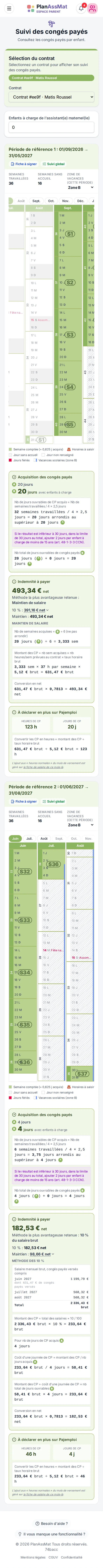 Congés payés d'un contrat en année incomplète dans l'espace parent PlanAssMat sur mobile