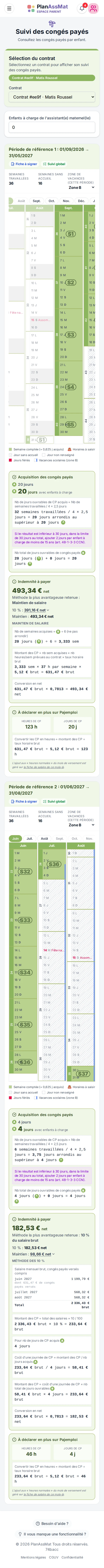 Congés payés d'un contrat en année incomplète dans l'espace parent PlanAssMat sur mobile