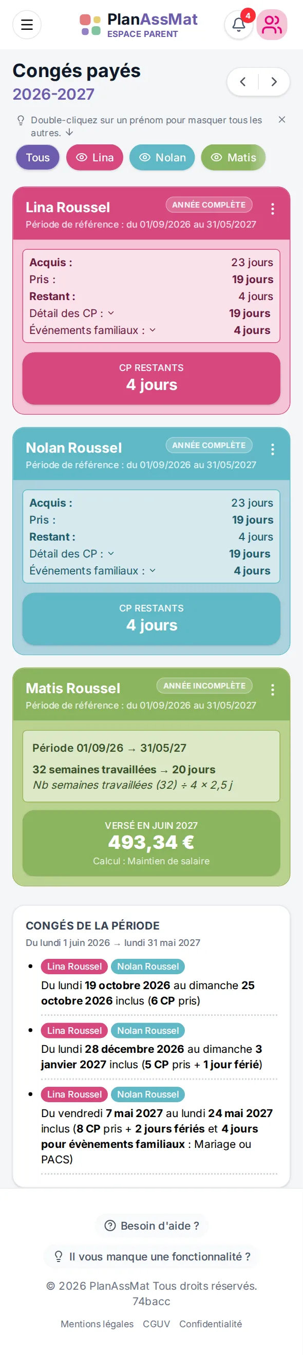 Suivi des congés payés par contrat dans l'espace parent PlanAssMat sur mobile : jours acquis, pris et restants