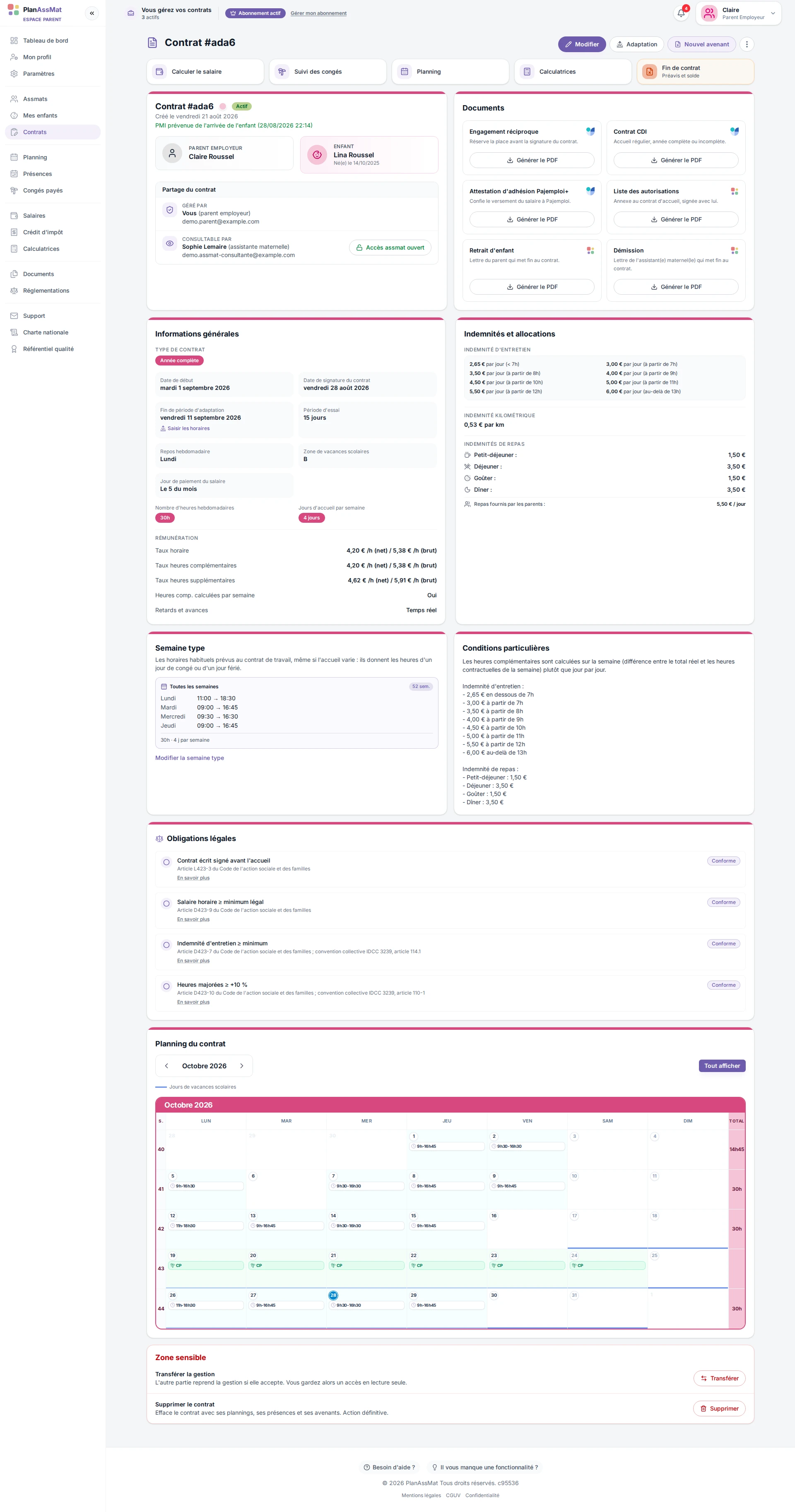 Fiche contrat dans l'espace parent PlanAssMat : partage avec l'assmat, planning et documents
