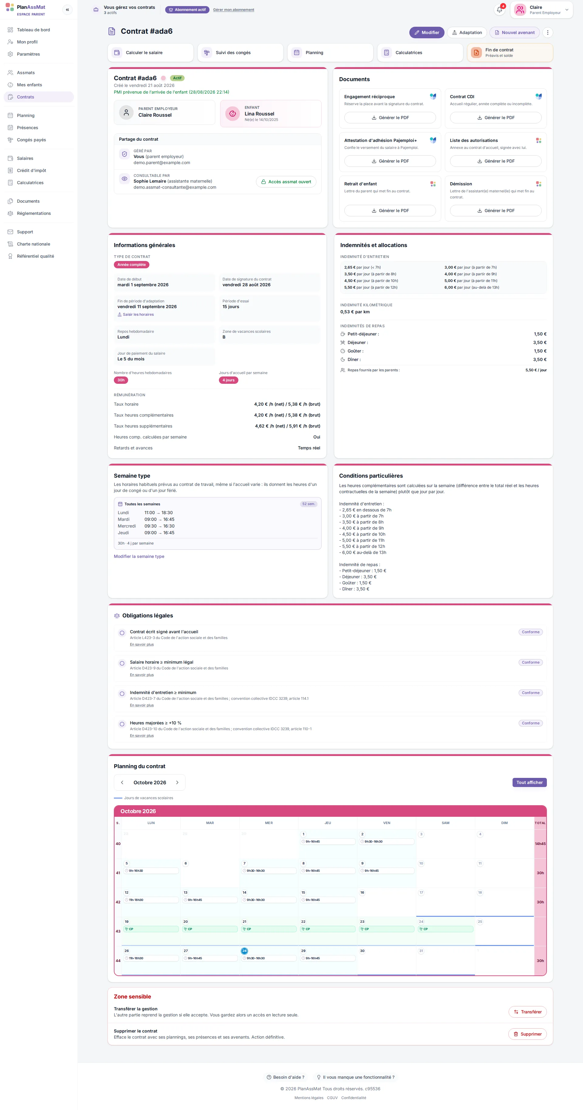 Fiche contrat dans l'espace parent PlanAssMat : partage avec l'assmat, planning et documents