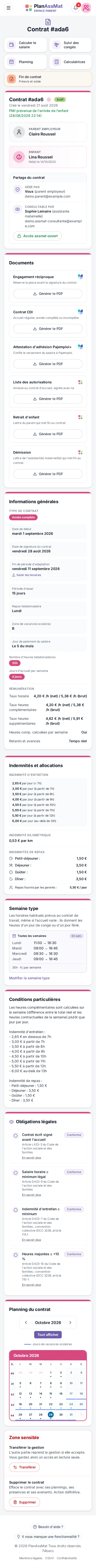 Fiche contrat dans l'espace parent PlanAssMat sur mobile : partage avec l'assmat