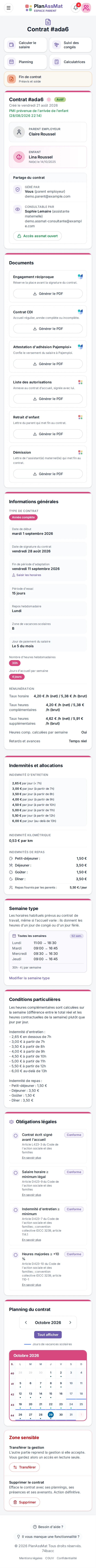 Fiche contrat dans l'espace parent PlanAssMat sur mobile : partage avec l'assmat