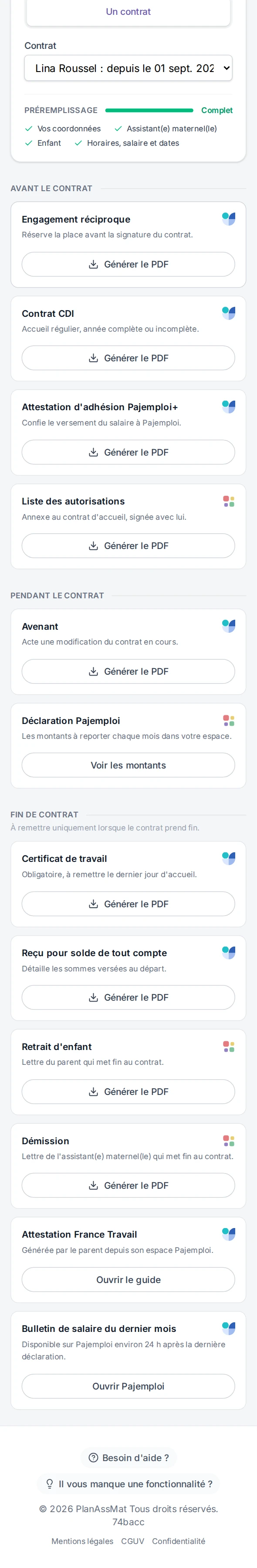 Contrat de travail CDI d'assistante maternelle prérempli par PlanAssMat, aperçu PDF sur mobile