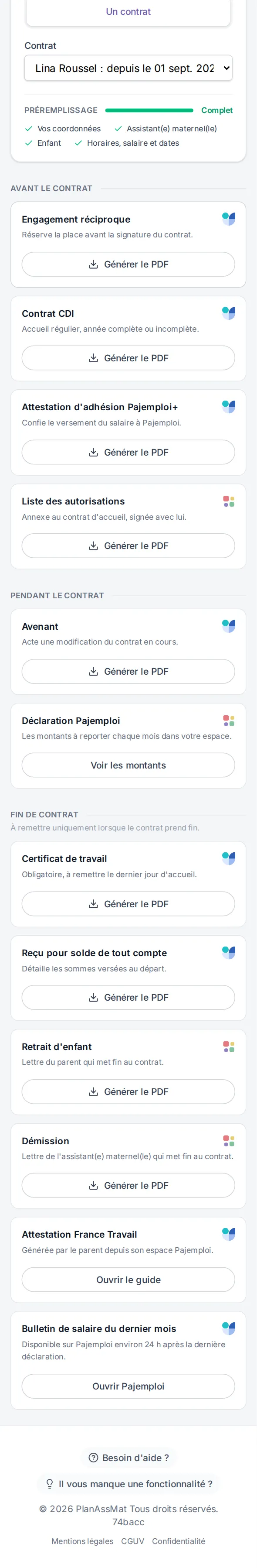 Contrat de travail CDI d'assistante maternelle prérempli par PlanAssMat, aperçu PDF sur mobile