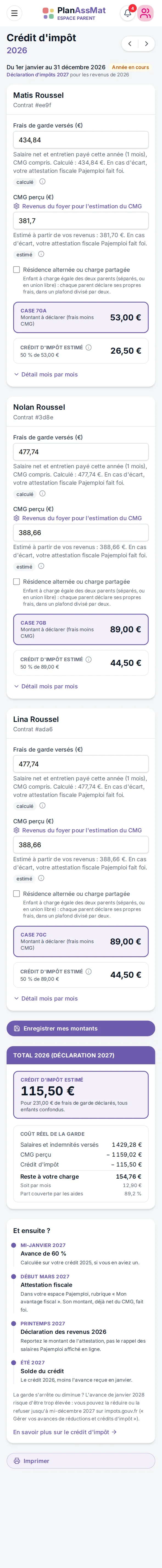 Page « Crédit d'impôt » de l'espace parent PlanAssMat sur mobile : frais de garde, CMG estimé et montant à déclarer par enfant