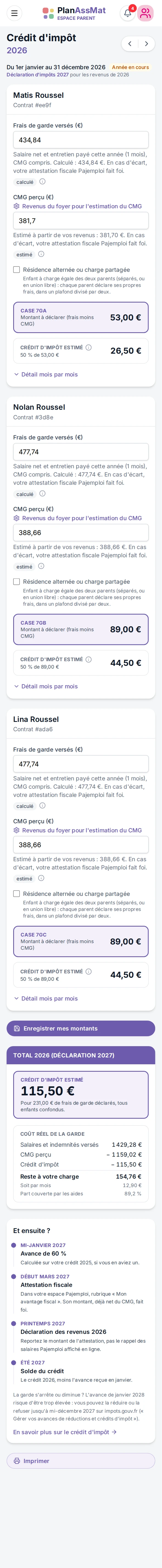 Page « Crédit d'impôt » de l'espace parent PlanAssMat sur mobile : frais de garde, CMG estimé et montant à déclarer par enfant