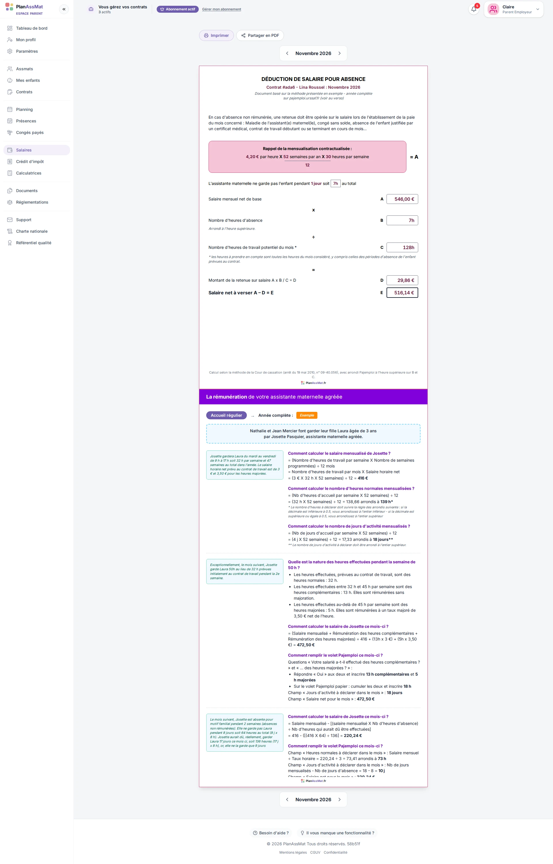 Fiche « Déduction de salaire pour absence » PlanAssMat : retenue calculée selon la Cour de cassation, avec l'exemple officiel de Pajemploi au verso