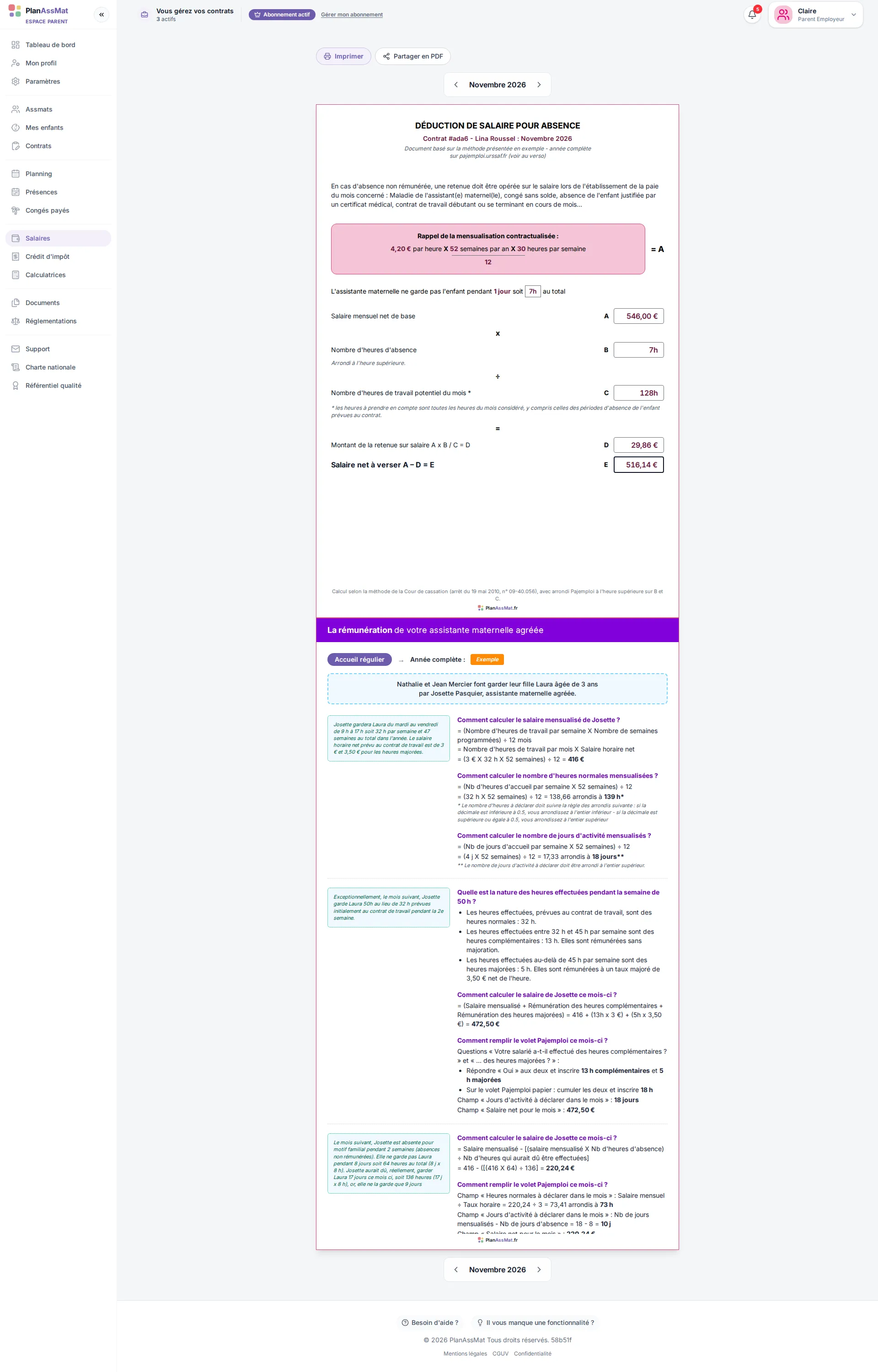 Fiche « Déduction de salaire pour absence » PlanAssMat : retenue calculée selon la Cour de cassation, avec l'exemple officiel de Pajemploi au verso