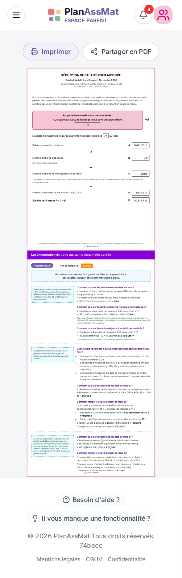 Fiche « Déduction de salaire pour absence » PlanAssMat sur mobile : calcul de la Cour de cassation