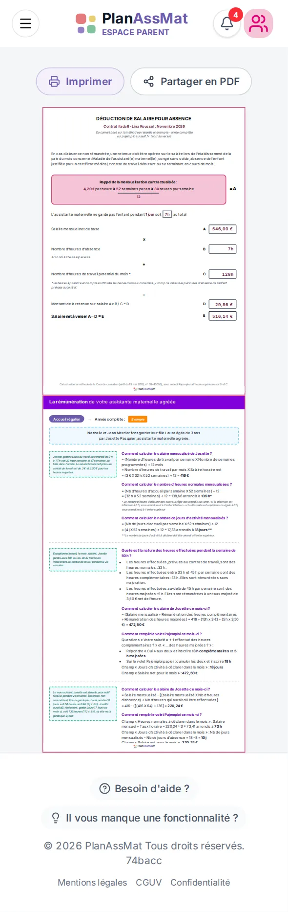 Fiche « Déduction de salaire pour absence » PlanAssMat sur mobile : calcul de la Cour de cassation
