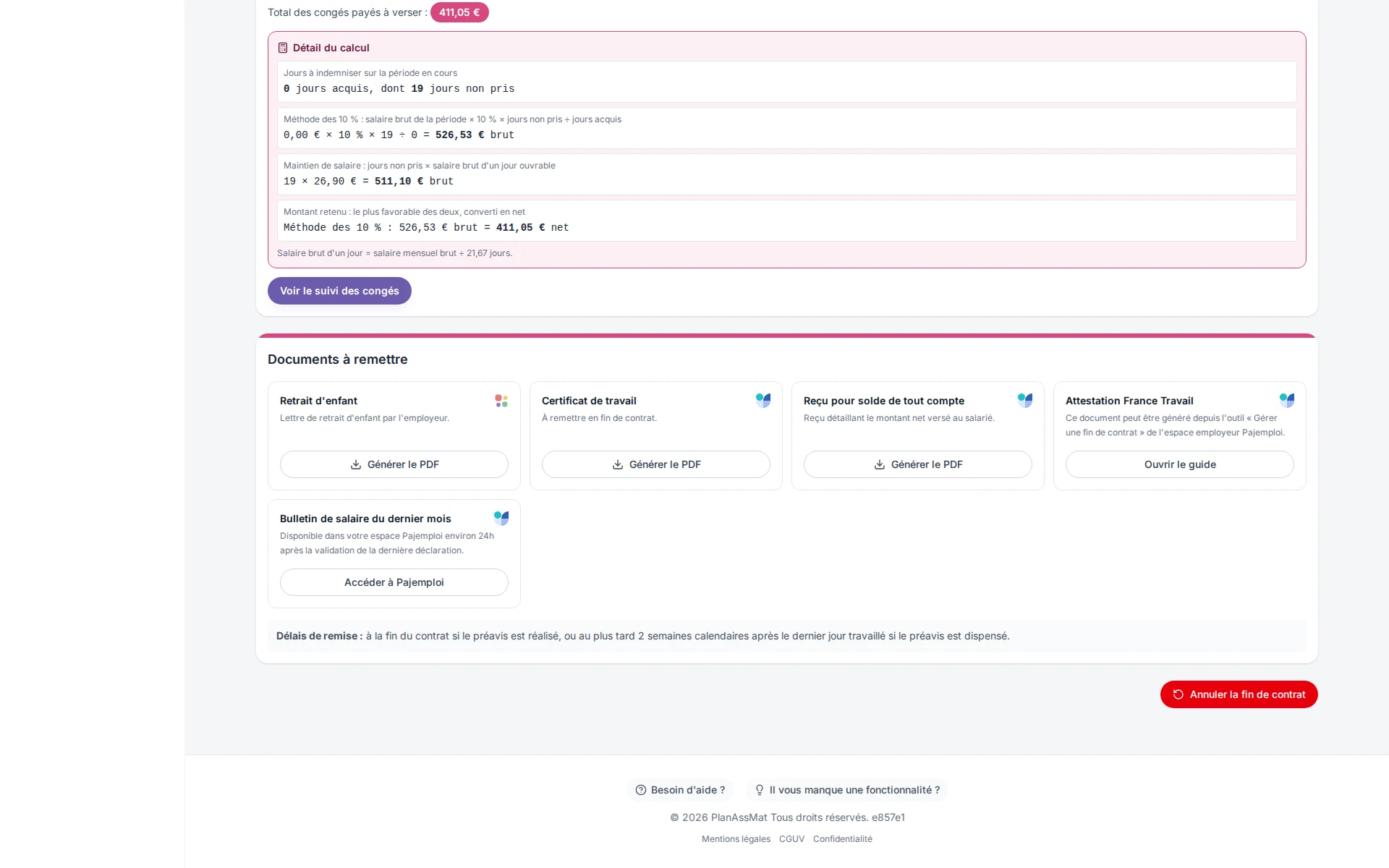 Documents de fin de contrat dans l'espace parent PlanAssMat : certificat de travail et reçu pour solde de tout compte préremplis
