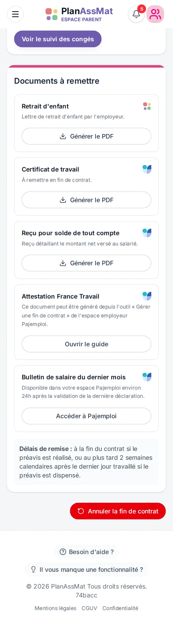 Documents de fin de contrat dans l'espace parent PlanAssMat sur mobile : certificat de travail et reçu pour solde de tout compte préremplis