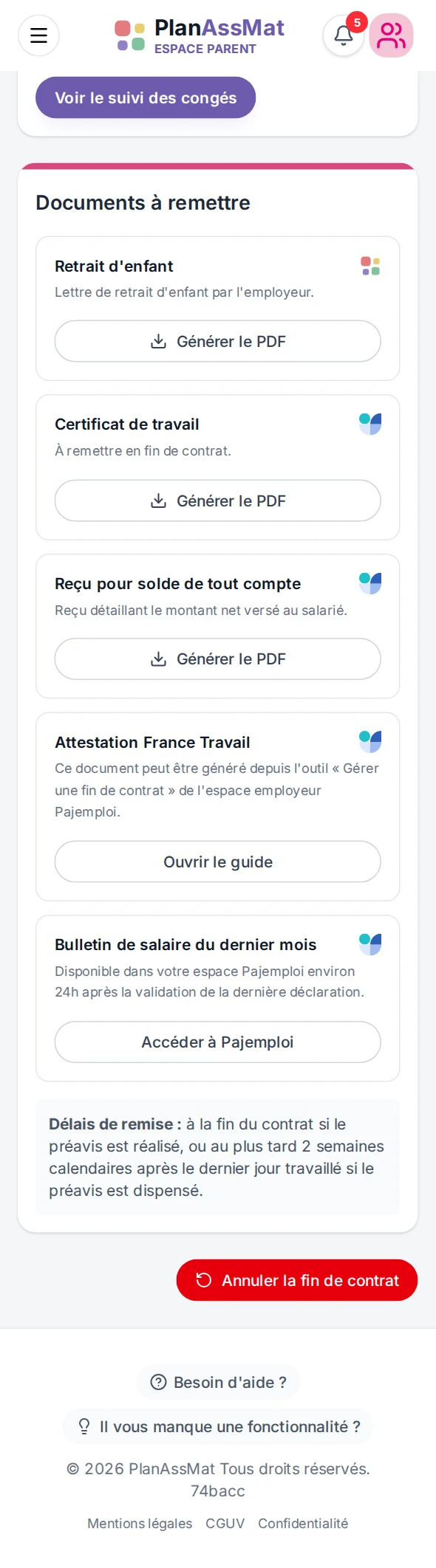 Documents de fin de contrat dans l'espace parent PlanAssMat sur mobile : certificat de travail et reçu pour solde de tout compte préremplis