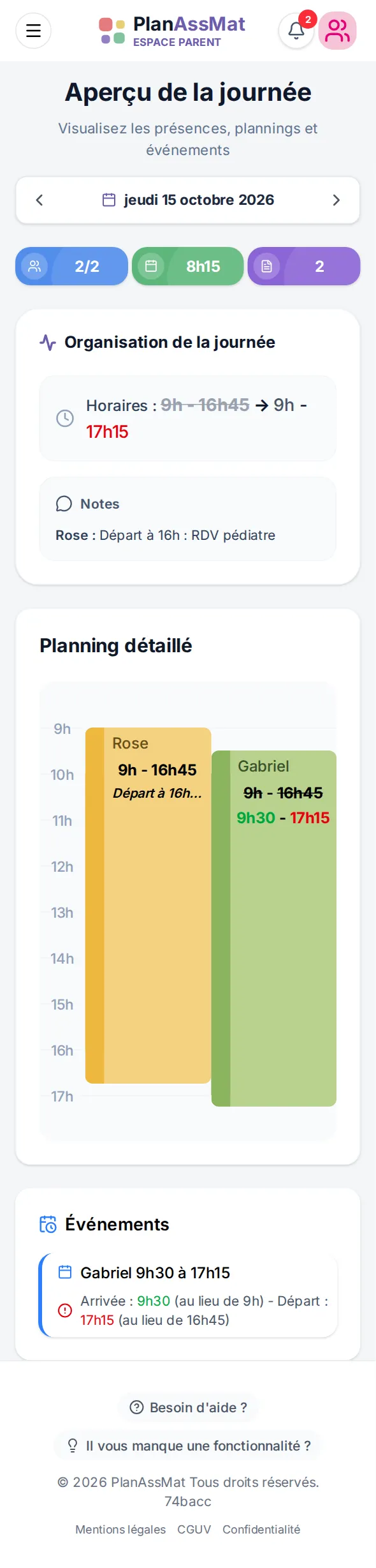 Espace parent PlanAssMat sur mobile : la note « Départ à 16h : RDV pédiatre » posée par l'assmat