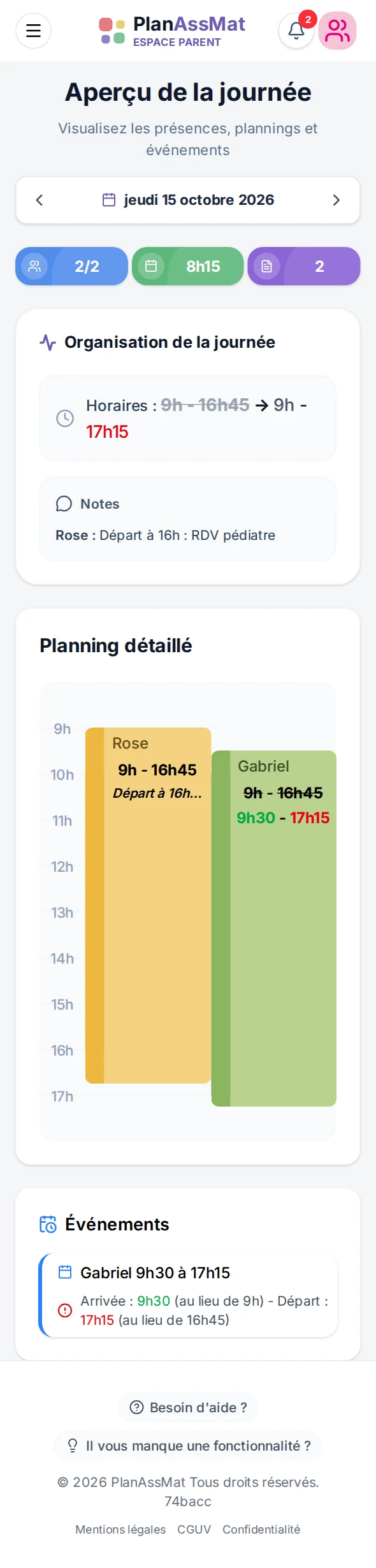 Espace parent PlanAssMat sur mobile : la note « Départ à 16h : RDV pédiatre » posée par l'assmat