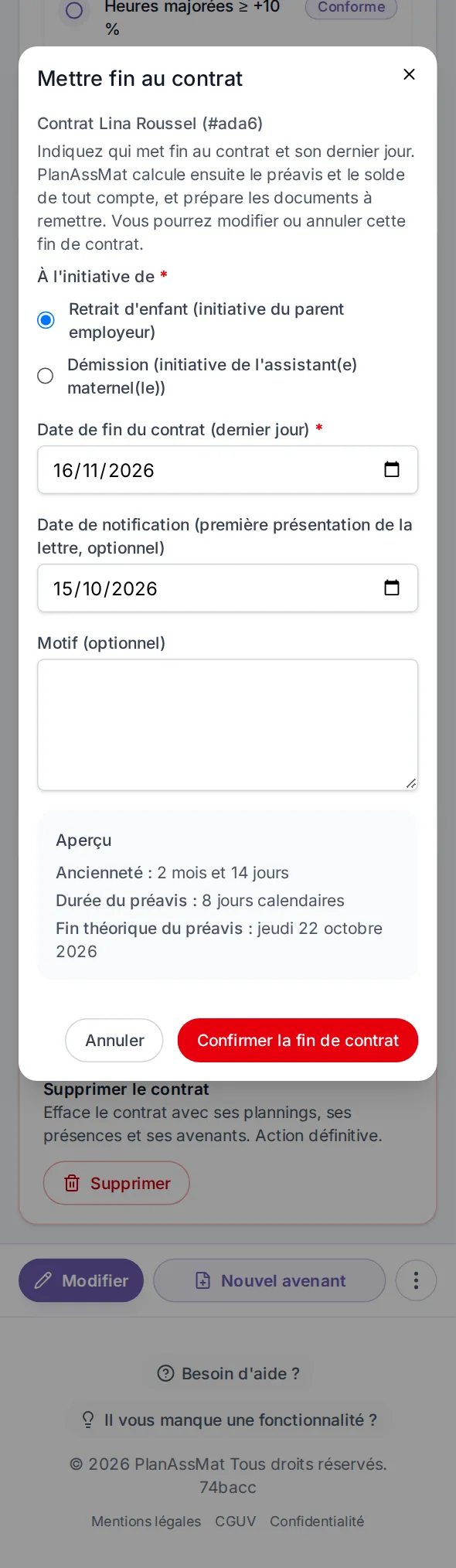 Fin de contrat dans l'espace parent PlanAssMat sur mobile : retrait d'enfant, ancienneté et préavis calculés