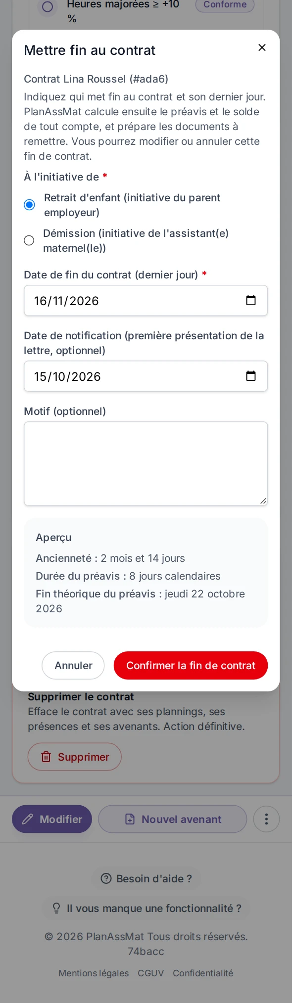 Fin de contrat dans l'espace parent PlanAssMat sur mobile : retrait d'enfant, ancienneté et préavis calculés