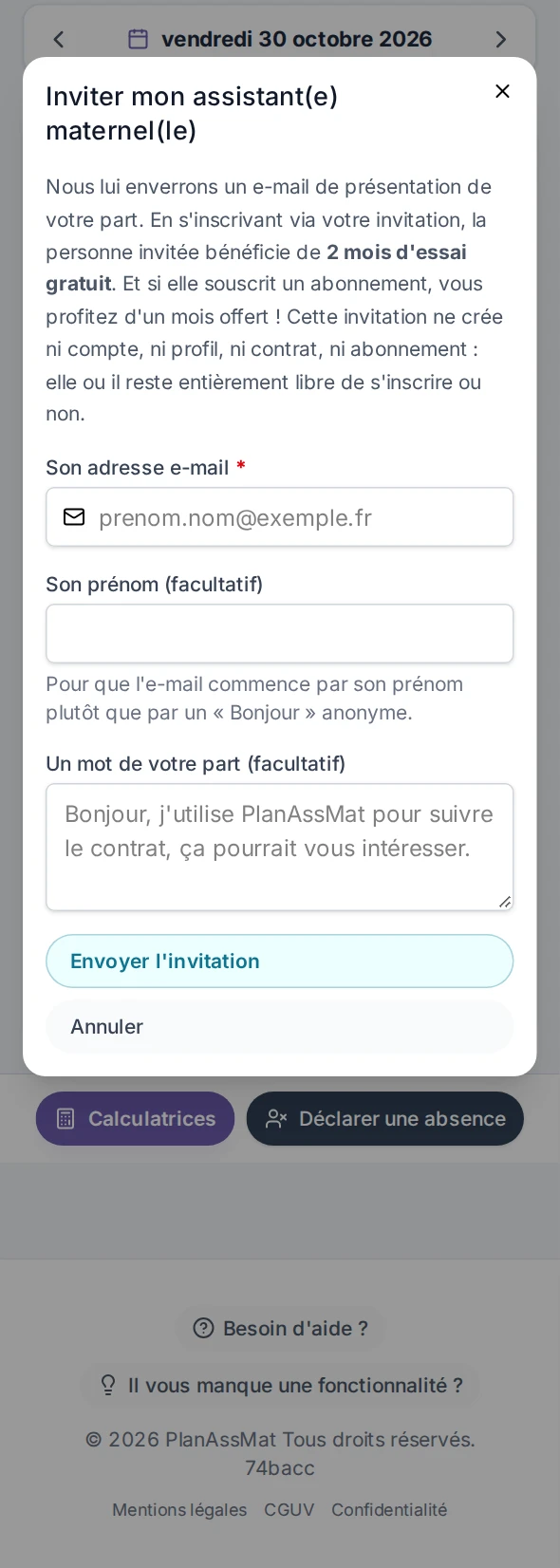 Invitation d'une assistante maternelle par e-mail dans l'espace parent PlanAssMat sur mobile