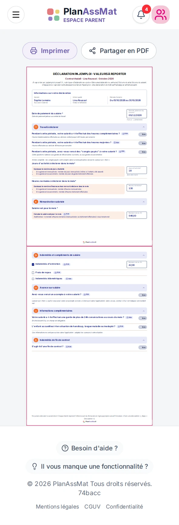 Fiche « Déclaration Pajemploi : valeurs à reporter » de l'espace parent PlanAssMat sur mobile