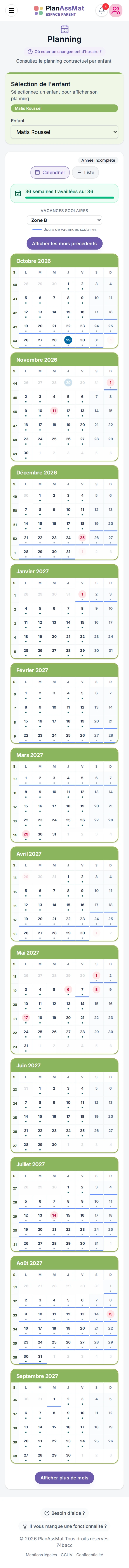 Planning annuel d'un contrat, espace parent PlanAssMat sur mobile : semaines avec et sans accueil