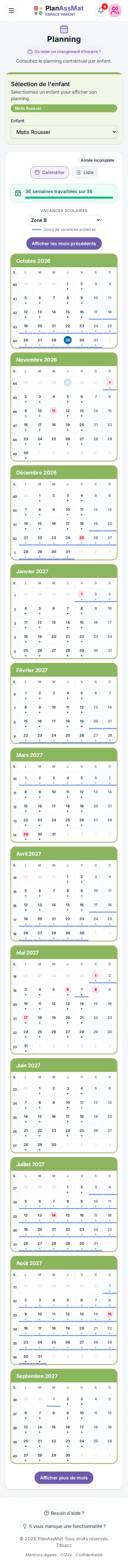 Planning annuel d'un contrat, espace parent PlanAssMat sur mobile : semaines avec et sans accueil