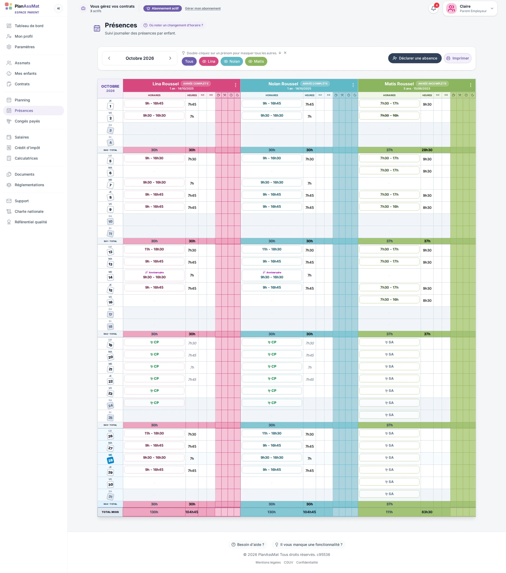 Cahier des présences mensuel par enfant dans l'espace parent PlanAssMat
