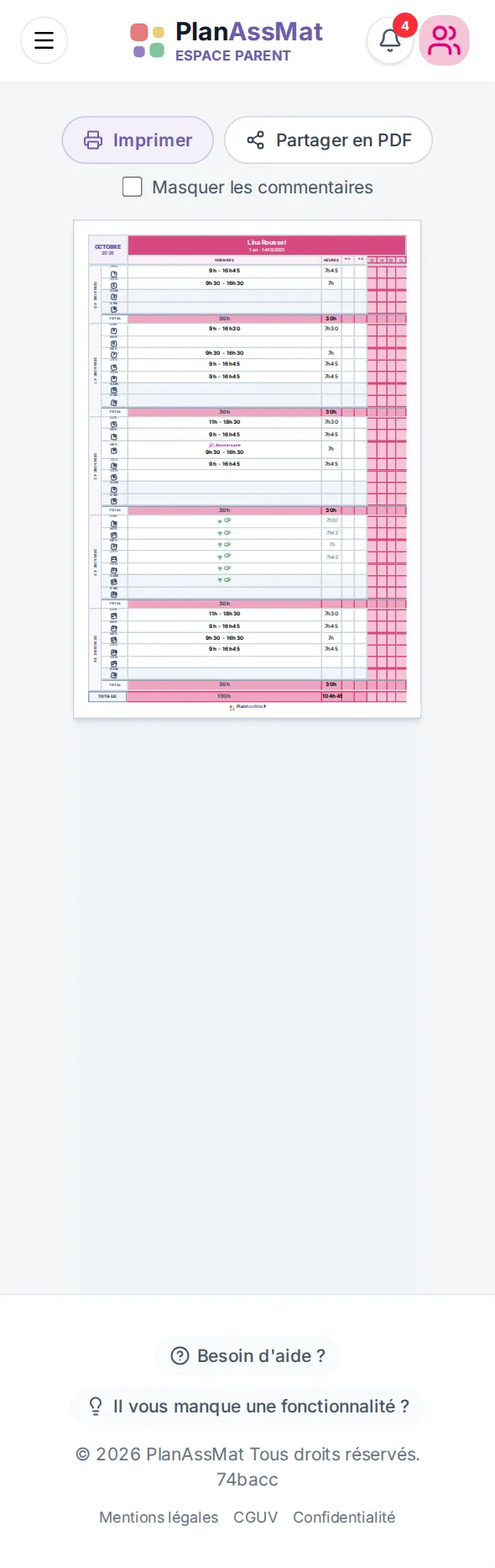 Feuille des présences imprimable d'un contrat dans l'espace parent PlanAssMat sur mobile