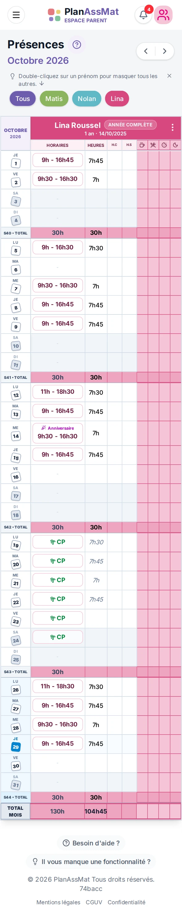 Cahier des présences par enfant dans l'espace parent PlanAssMat sur mobile