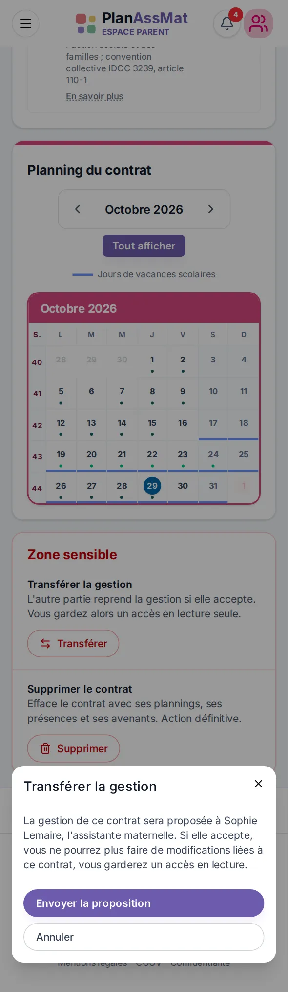 Transfert de gestion d'un contrat à l'assistante maternelle, espace parent PlanAssMat sur mobile