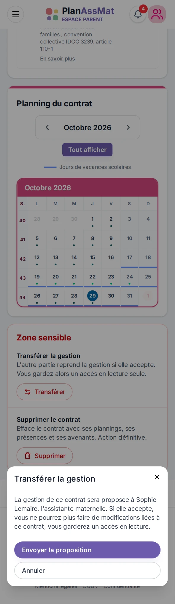 Transfert de gestion d'un contrat à l'assistante maternelle, espace parent PlanAssMat sur mobile