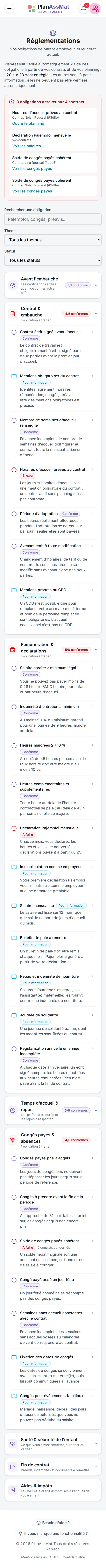 Réglementation dans l'espace parent PlanAssMat sur mobile : 23 obligations vérifiées sur les contrats