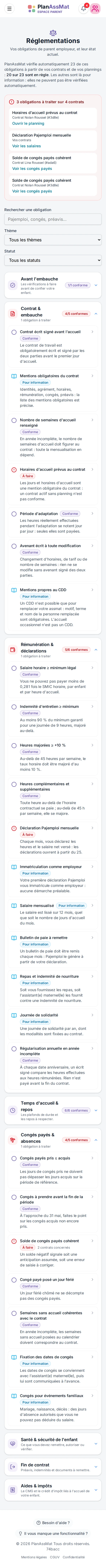 Réglementation dans l'espace parent PlanAssMat sur mobile : 23 obligations vérifiées sur les contrats