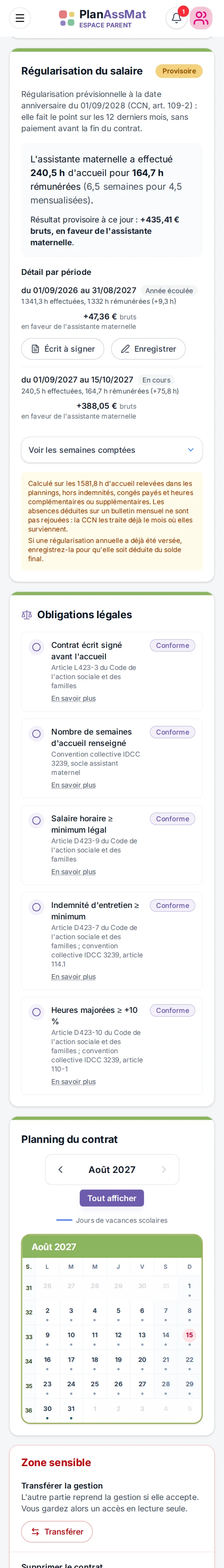 Régularisation annuelle de salaire en année incomplète PlanAssMat sur mobile : écrit prérempli à signer