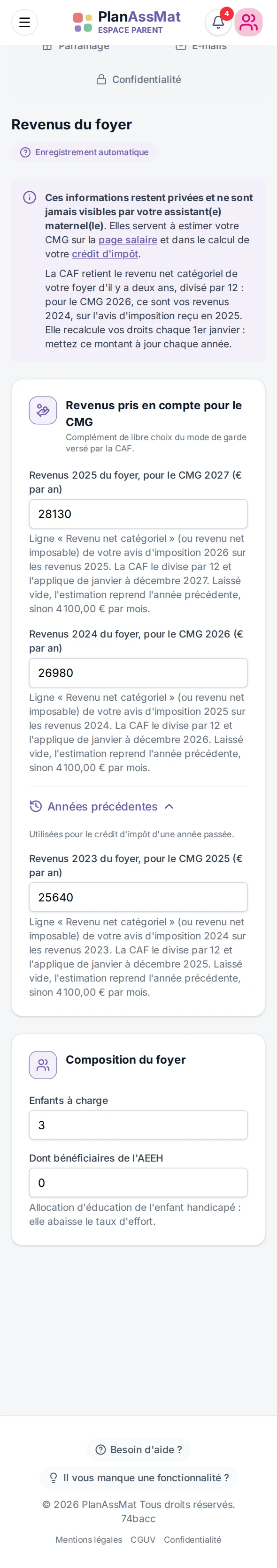 Paramètres « Revenus du foyer » de l'espace parent PlanAssMat sur mobile, pour l'estimation du CMG