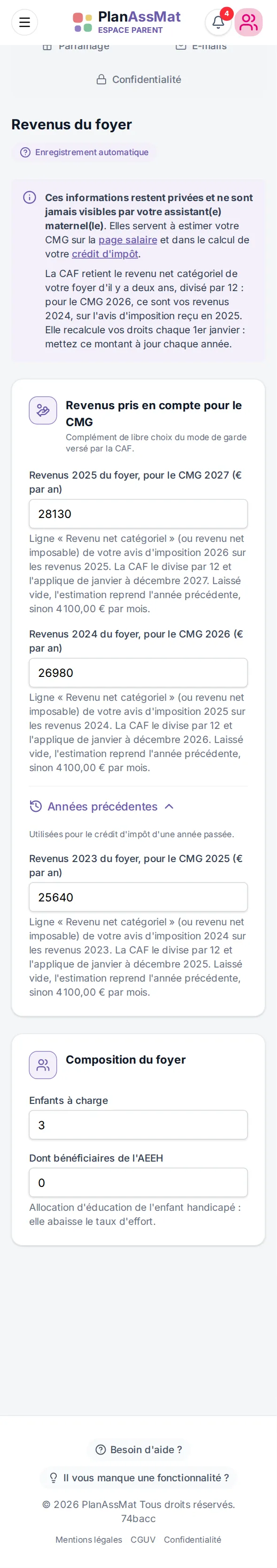 Paramètres « Revenus du foyer » de l'espace parent PlanAssMat sur mobile, pour l'estimation du CMG