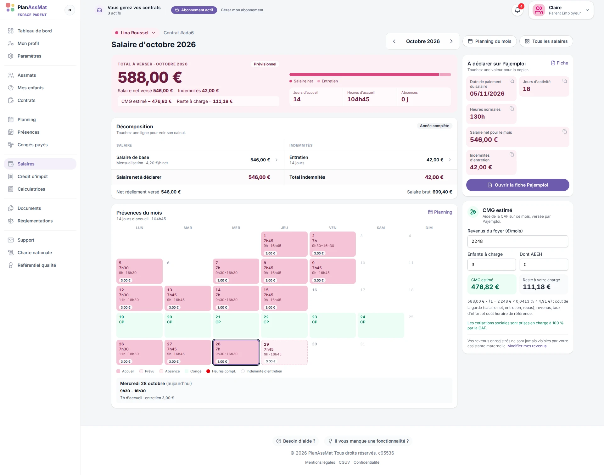 Fiche de salaire mensuelle dans l'espace parent PlanAssMat : décomposition, indemnités et valeurs Pajemploi