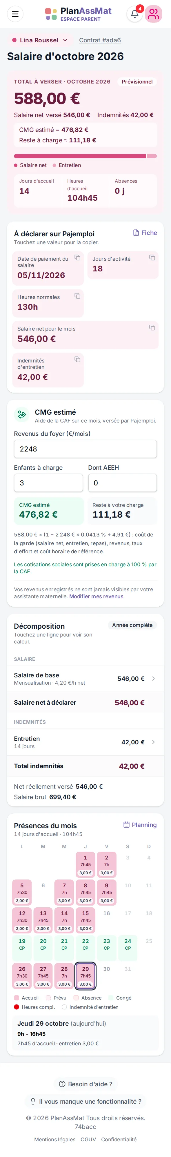 Fiche de salaire mensuelle dans l'espace parent PlanAssMat sur mobile : décomposition, CMG et Pajemploi